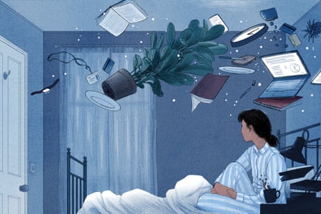 Illustration showing a woman waking in bed to see multiple flying objects