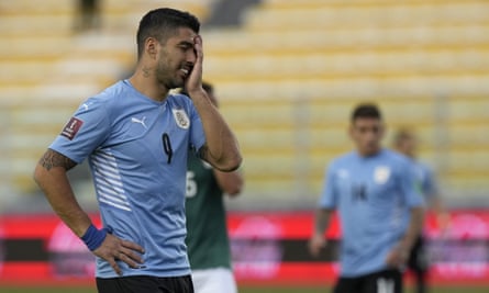 Despair for Uruguay’s Luis Suárez during the defeat in Bolivia.