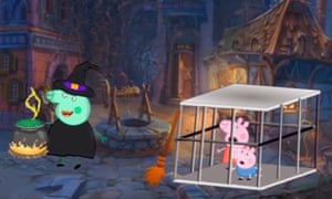Peppa and George about to be cooked by a witch in a YouTube spin-off of the Peppa Pig series
