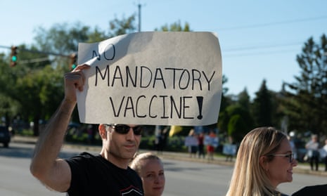 Anti-Vaccine protesters rally in front of the Golisano children's hospital, under the guise of defending nurses that refuse to get the soon employer mandatory Covid-19 vaccine, in Rochester, New York, last week.