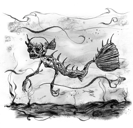 Wizened mermaid comprising a monkeys head and torsoand a fish’s tail