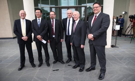 Crossbench senators (from left) David Leyonhjelm, Dio Wang, Ricky Muir, John Madigan, Bob Day and Glenn Lazarus.