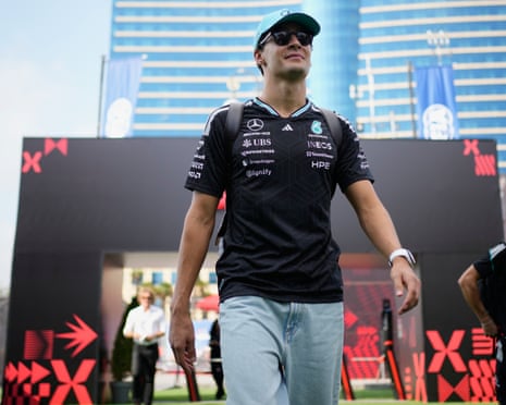 George Russell arrives at the paddock before practice at the Azerbaijan Grand Prix in Baku.