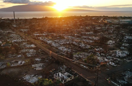 Burned structures and cars in Lahaina, Hawaii, two months after a devastating wildfire on 9 October 2023.