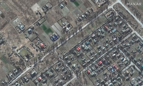 Maxar satellite image shows a large deployment of ground forces in and around the town of Zdvyzhivka, Kyiv, Ukraine.