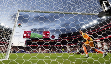Paraguay's Orlando Gill looks on as Turkey's Mert Muldur header hits the post.