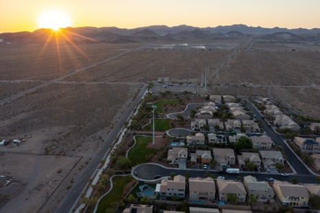 Urban sprawl spreads across the desert and, increasing water demands as drought continues to worsen in Henderson, Nevada, adjacent to Las Vegas.