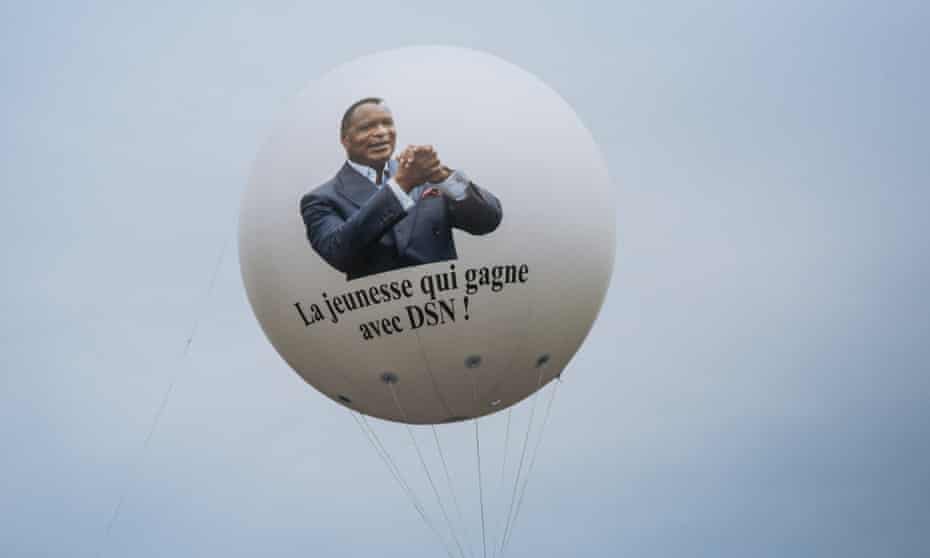 A campaign balloon with a picture of Republic of Congo president, Denis Sassou-Nguesso, in the run-up to the March 2021 election