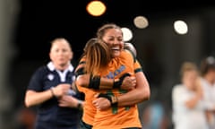 Wallaroos captain Michaela Leonard celebrates victory over France and Australia in the WXV1 match at Forsyth Barr Stadium in Dunedin.