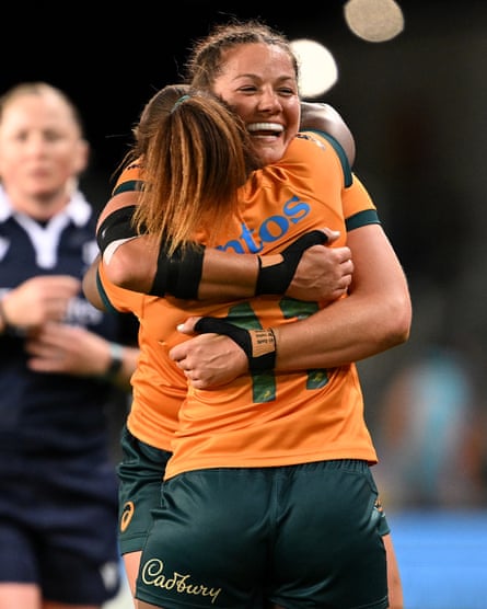Australia’s Michaela Leonard celebrates with a teammate during the WXV1 win over France in Dunedin.