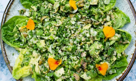 ‘The trick as always with tabbouleh is to make it with more herbs than grain’: cucumber, avocado and basil tabbouleh.