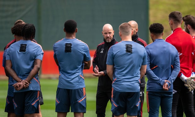 Erik ten Hag leads Manchester United training.