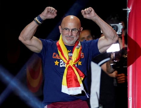 The Spain men's football head coach Luis de la Fuente acknowledges the crowd at the public celebration in Madrid of the team winning the 2026 World Cup