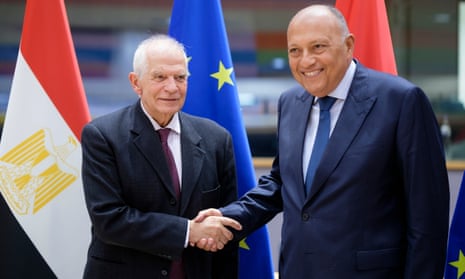 Josep Borrell (L) welcomes the Egyptian minister of foreign affairs, Sameh Hassan Shoukry (R), in Brussels, Belgium.