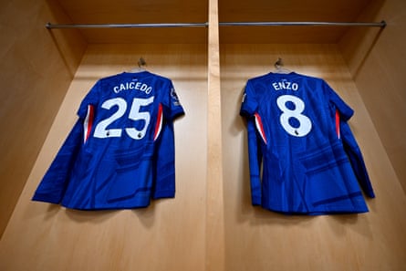 The shirts of Moises Caicedo and Enzo Fernández are displayed inside the Chelsea dressing room in March this year. The shirts of Moises Caicedo and Enzo Fernández are displayed inside the Chelsea dressing room in March this year.