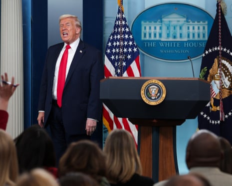 US president Donald Trump departs after speaking during a press briefing in the James S. Brady Press Briefing Room of the White House on January 20, 2026 in Washington, DC.