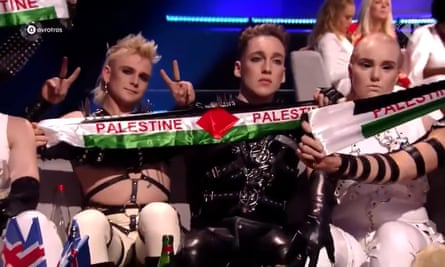 Iceland’s Hatari hold up Palestine flags at Eurovision 2019.