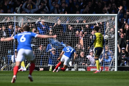Keshi Anderson finds the net for Portsmouth in the ninth minute against Oxford United