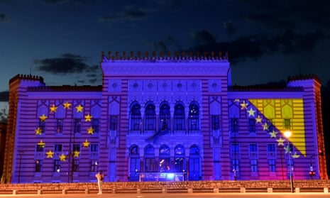File photo shows flags of the European Union and Bosnia-Herzegovina projected on the Sarajevo City Hall