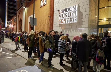 People queueing to get into a Momentum meeting at the London Muslim Centre