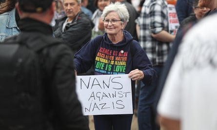 A protester defending the Abdullah Quilliam Mosque in Liverpool holds a placard reading “Nans against Nazis” on 3 August 2024.