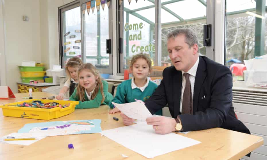 Damian Hinds with pupils at Holme primary school in Bordon, Hampshire