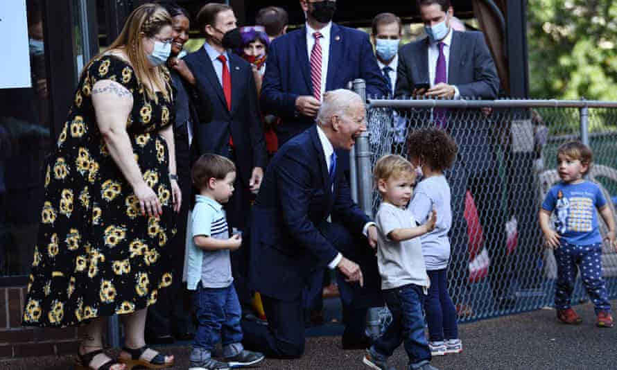 Joe Biden is greeted by children at the Capitol Child Development Center in Hartford, Connecticut