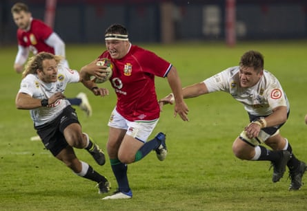 Jamie George on the charge against Sharks in a Lions tour match in South Africa in 2021