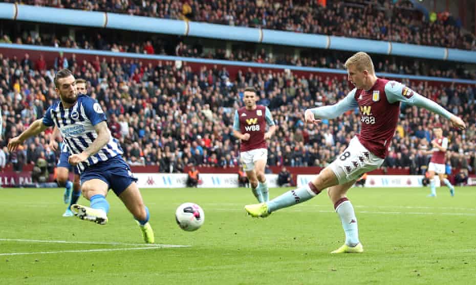 Matt Targett scores Aston Villa’s second goal against Brighton.