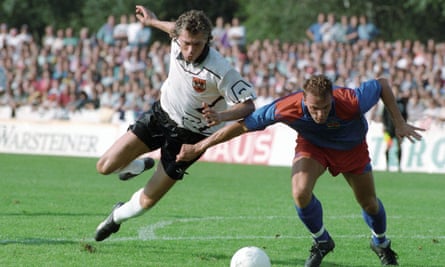 Toni Polster (left, with the mullet) in action for Austria against Lithuania in September 1994. Polster scored a hat-trick in a 4-0 win
