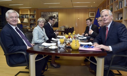 Then Brexit secretary David Davis, Theresa May, Jean-Claude Juncker and Michel Barnier meet at the European commission in Brussels, 8 December 2017.