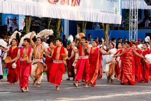 A traditional Bengali dance being performed at the parade, as part of the Immersion Carnival, which showcases the best statues/idols during each Durga Puja.