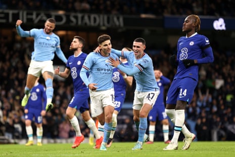 Julian Alvarez of Manchester City celebrates after scoring the team's second goal from the spot.