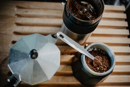 Coffee is prepared in a Moka pot.