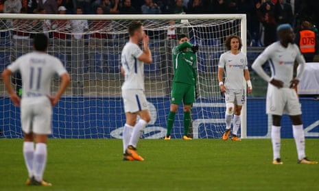 Chelsea players look dejected after Roma score the second of their three goals on Tuesday. Antonio Conte has questioned his team’s hunger and commitment.
