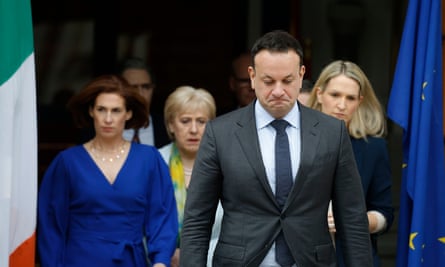 Varadkar looking glum as he walks out to make his resignation speech.