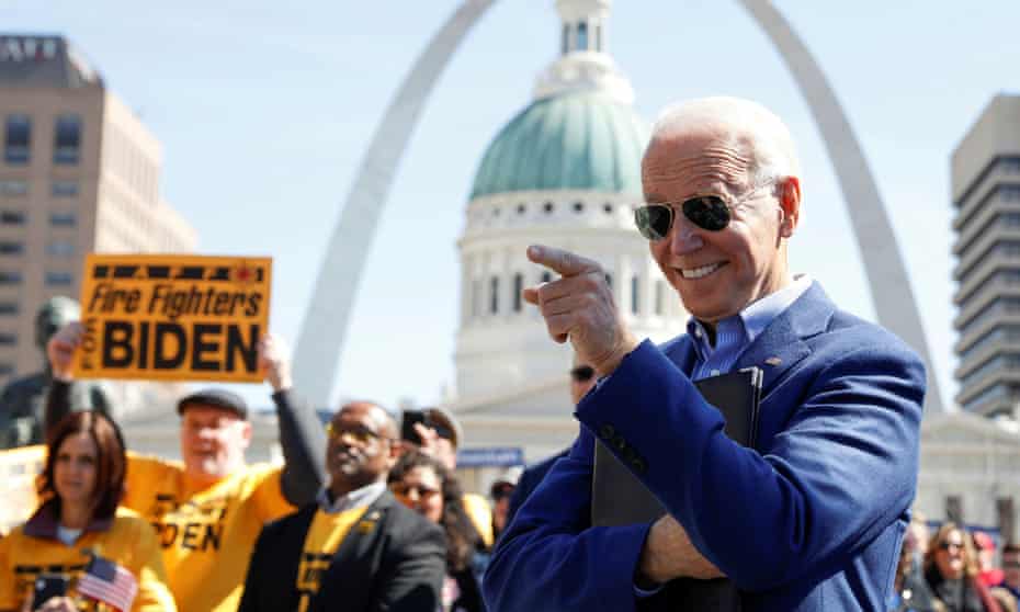 Joe Biden gestures at a campaign stop in St Louis, Missouri, on 7 March. 