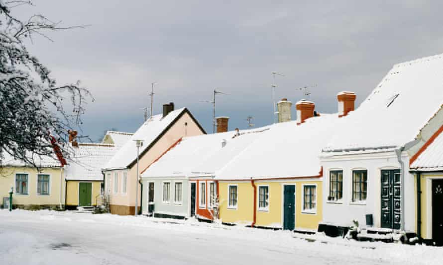 Snowy Simrishamn town scene, in winter, Sweden.