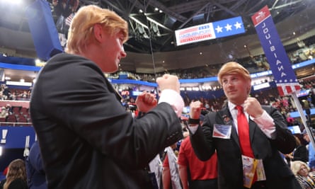 A Massachusetts delegate dressed as Trump in front of a mirrored wall at the 2016 Republican national convention in Cleveland, Ohio.