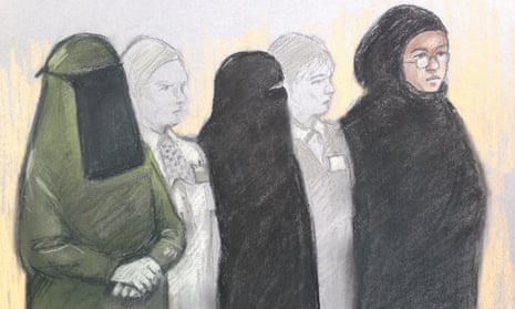 A court artist’s sketch of (L-R) Mina Dich, Rizlaine Boular and Khawla Barghouthi.
