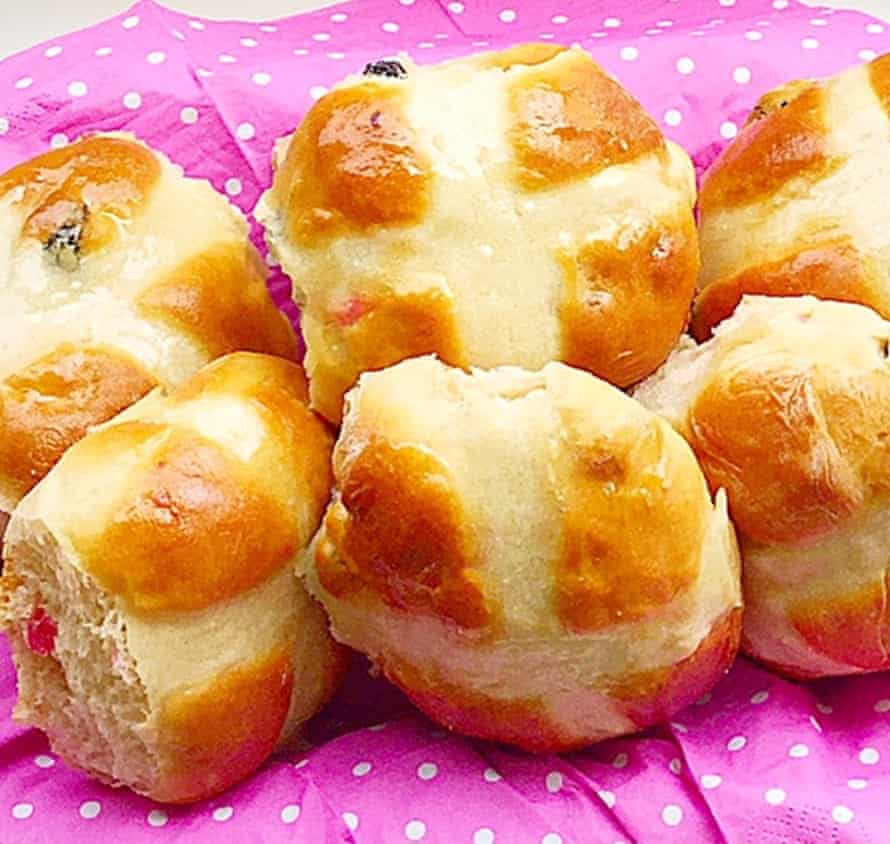 Spiked with almond extract ... cherry bakewell hot cross buns.