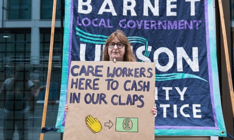 Campaigners and social care workers demonstrate outside the Department of Health and Social Care in London, 4 September.