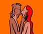 Illustration of a couple embracing and about to kiss against an orange background