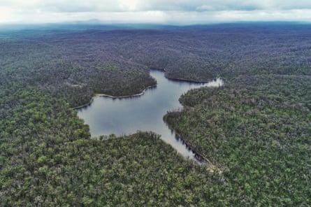 Aerial view of Purghagoolah (Lake Elusive) surrounded by dense bush