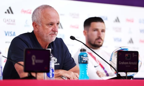 Australia coach Graham Arnold speaks during a press conference at Fifa World Cup in Doha, Qatar