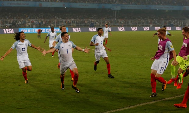 England’s Phil Foden, No7, celebrates scoring their fifth goal with his team-mates.