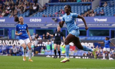 Khadija ‘Bunny’ Shaw celebrates after scoring Manchester City’s third goal on her WSL debut.