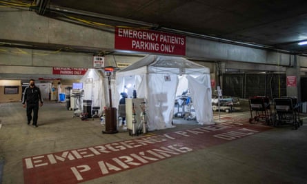 A temporary emergency room built into a parking garage at Providence Cedars-Sinai Tarzana medical center in Tarzana, California.