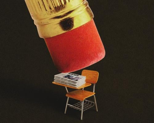 A giant pencil eraser hovers over a school desk covered with newspapers