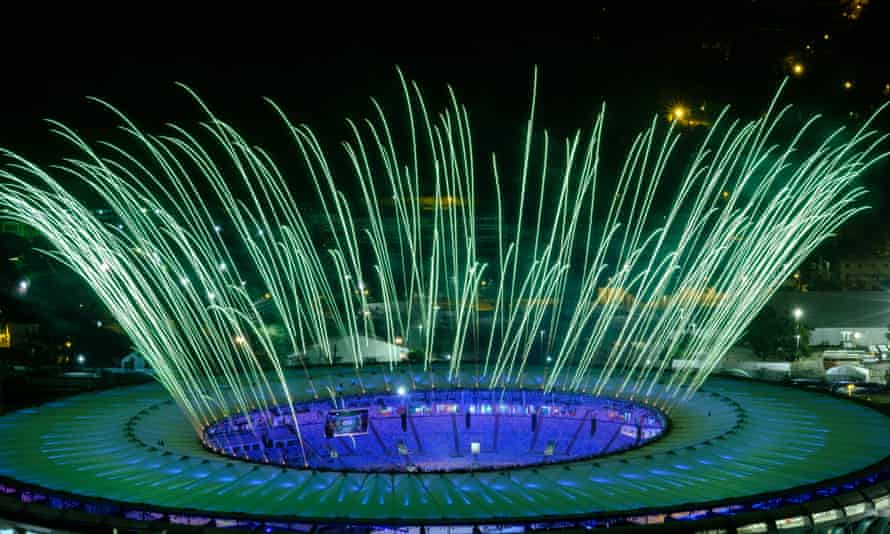 Fireworks are seen during a rehearsal of the opening ceremony of the Rio 2016 Olympic Games.